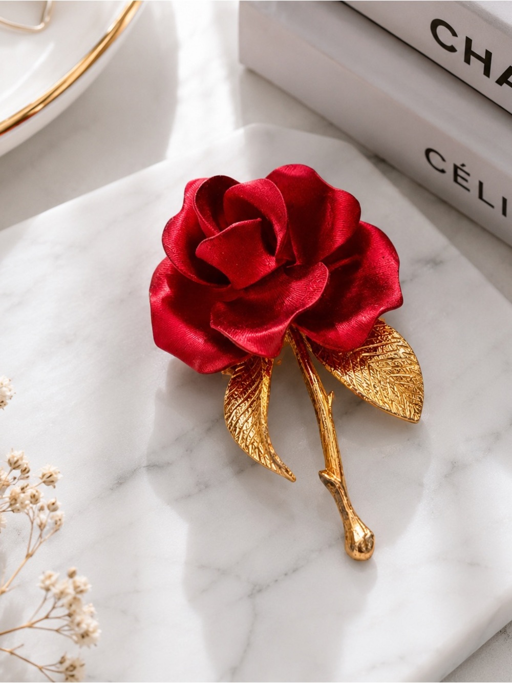 Vintage Red Rose Brooch Gold Tone Floral Pin Romantic Cottagecore F